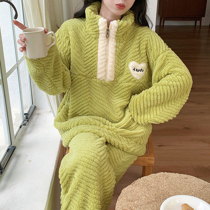 2023新款高领拉链睡衣女冬季珊瑚绒加厚韩版可爱保暖家居服可外穿