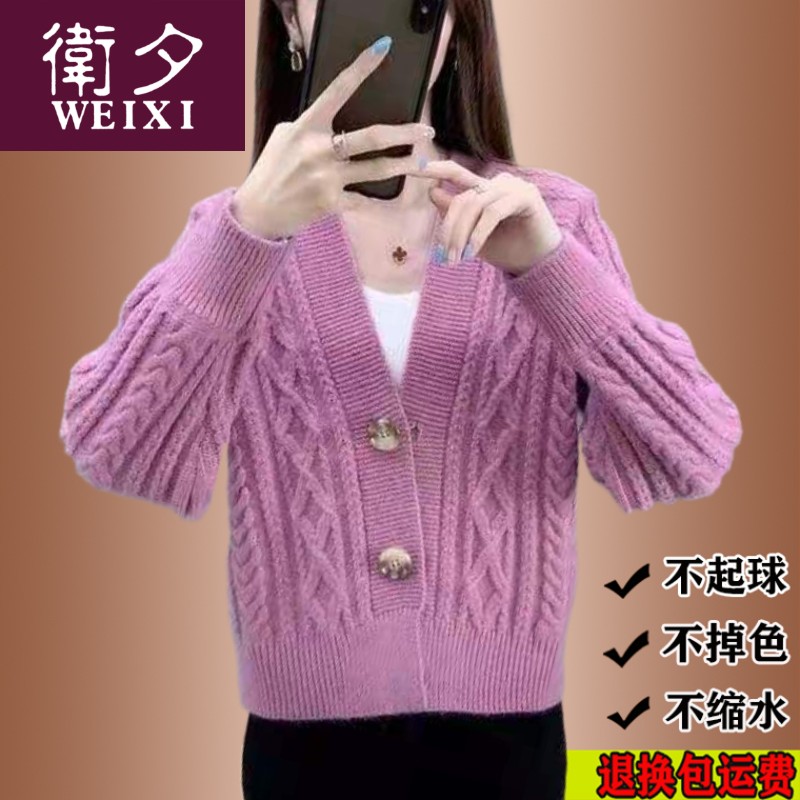 秋冬新款短款麻花毛衣开衫百搭女外套毛衣女新款加厚开衫