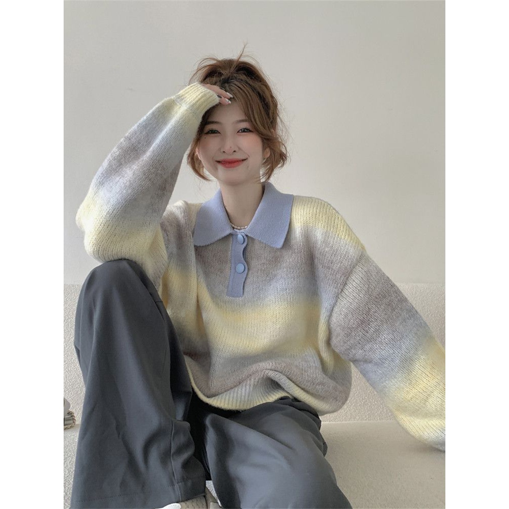 韩系渐变色翻领毛衣女秋冬季软糯糯毛衣宽松慵懒风外穿POLO领上衣