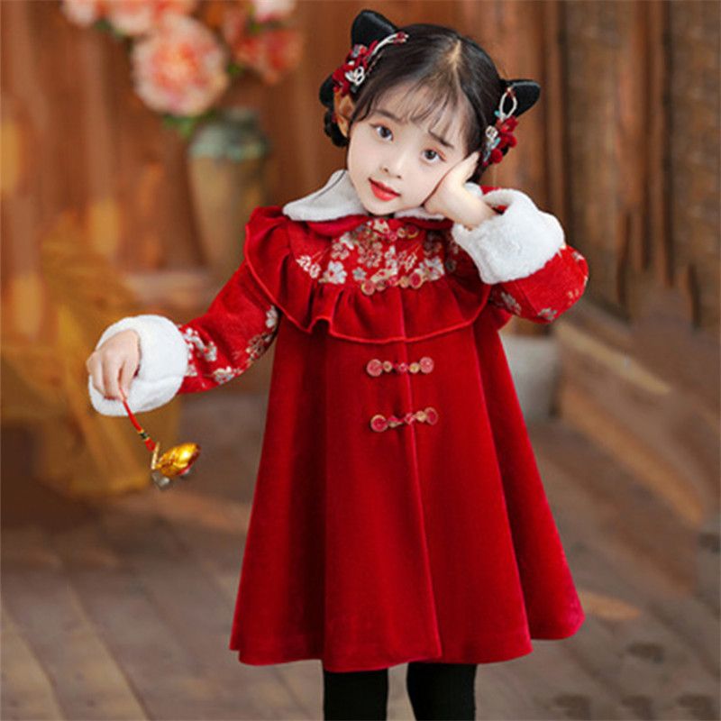 巴拉甄选女童拜年服2023冬装新款儿童唐装连衣裙中国风女孩红色冬
