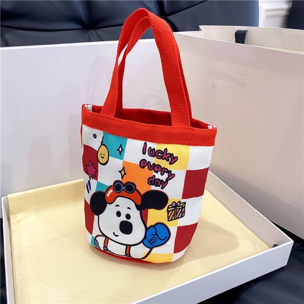 百搭ins风圆筒形手拎包日系卡通包便当袋上班外出帆布小拎包轻便