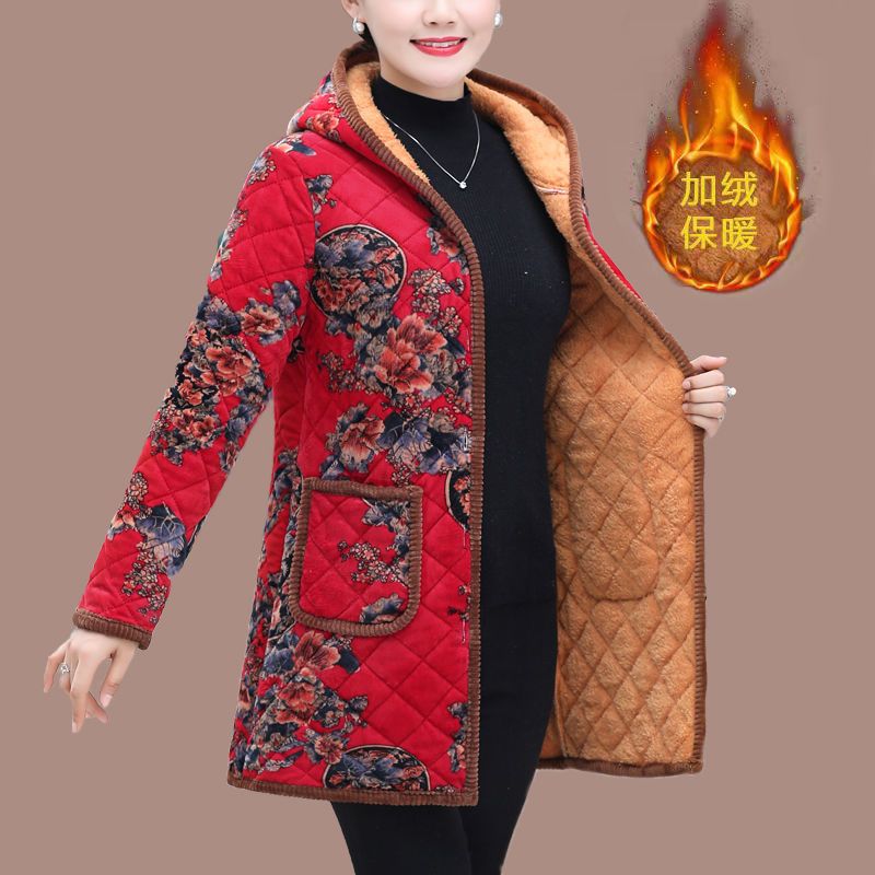 秋冬妈妈装保暖棉衣时尚新款宽松中长款加绒长袖中老年棉服外套女