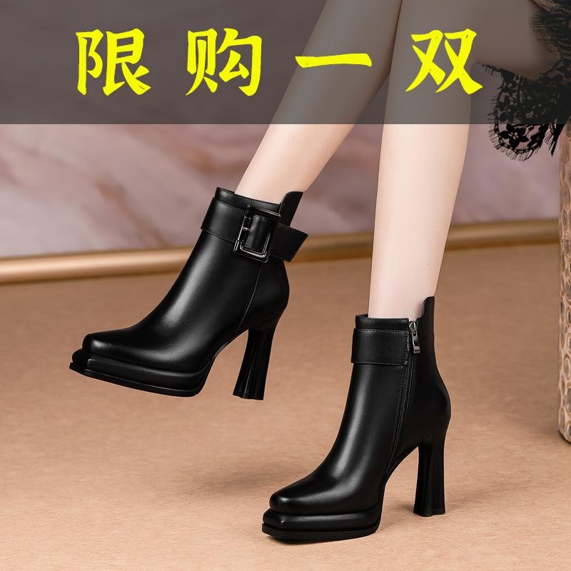 百丽纯爱真皮高跟短靴女2023年新款春秋冬季防水台加绒粗跟马丁