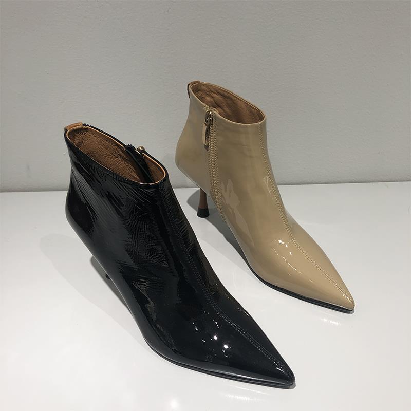 欧洲站女鞋2023秋冬季新款欧货尖头细跟短靴漆皮侧拉链时尚马丁靴