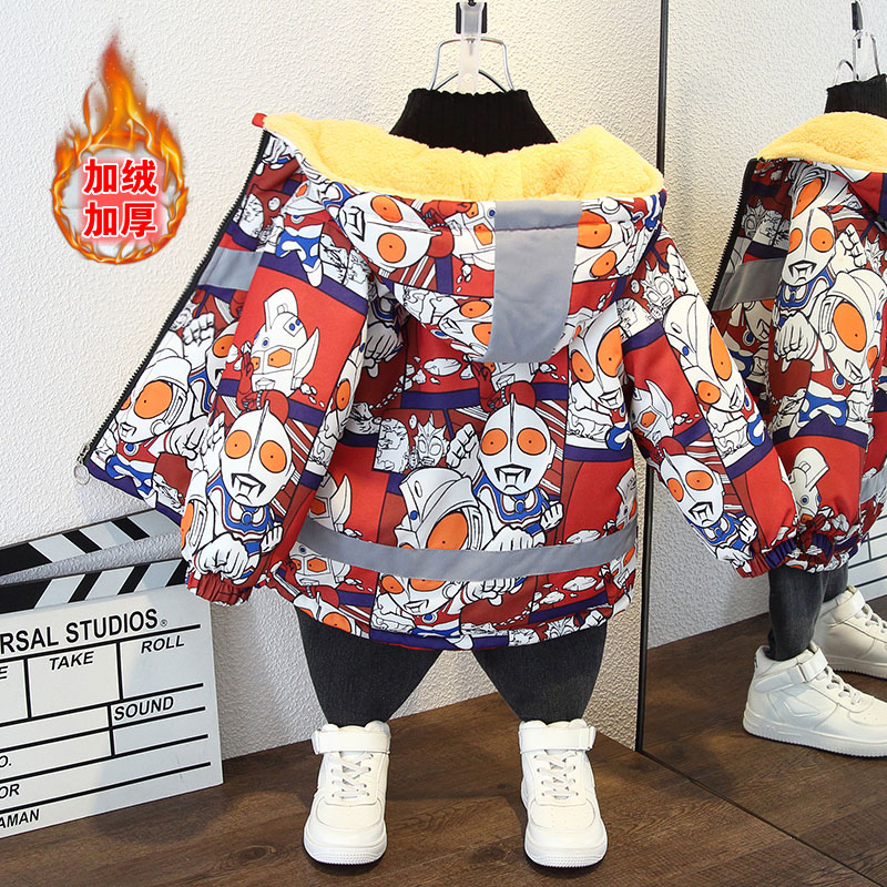男童冬装加厚棉衣外套2023新款儿童洋气卡通加绒保暖派克服潮冬款
