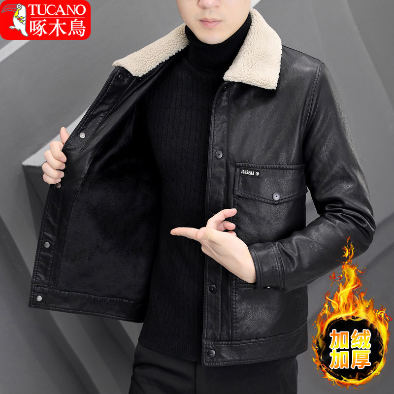 啄木鸟男士皮衣外套秋冬加绒皮夹克机车服韩版修身休闲保暖中青年