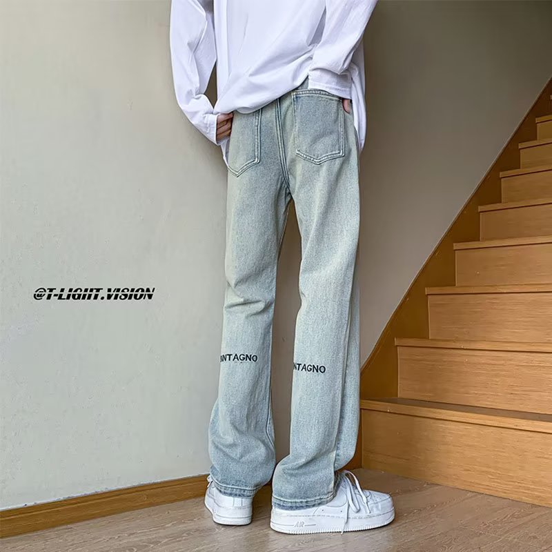 灰色牛仔裤男春季美式高街宽松直筒男裤春秋大码潮流ins阔腿裤子