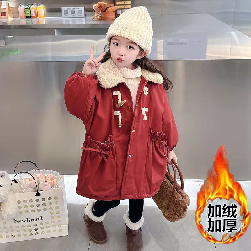 女宝宝冬季新款洋气加绒外套小女孩韩版百搭加厚长款派克服潮