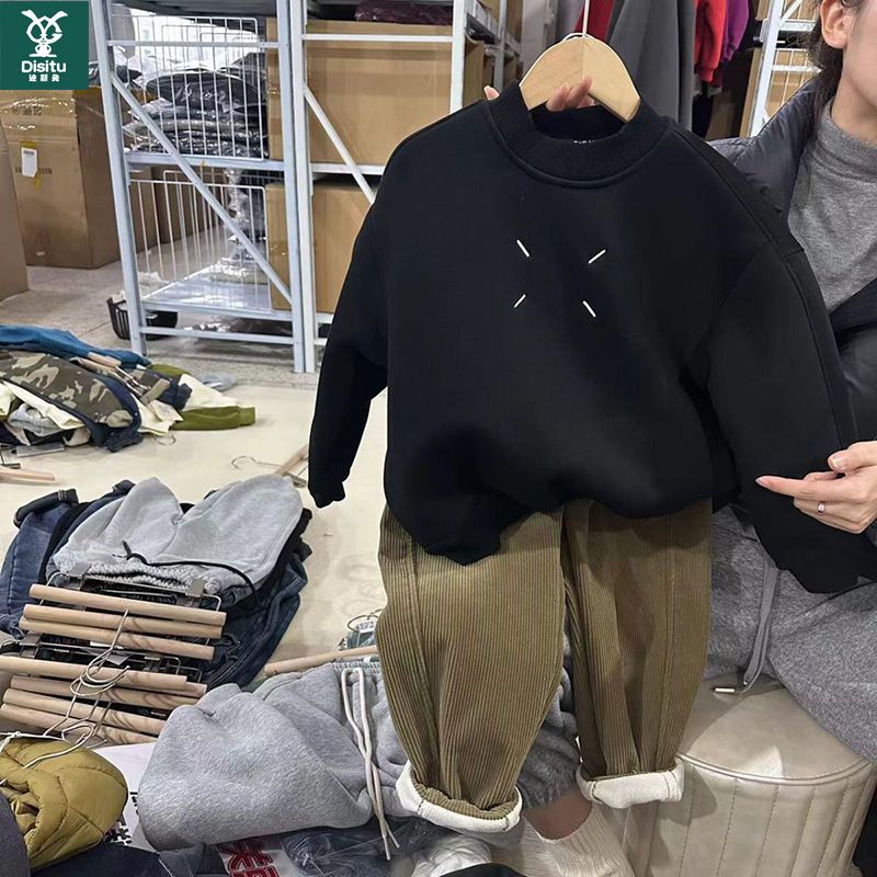 童装冬季新款潮牌加绒字母印花男女童圆领儿童韩系宝宝卫衣长袖