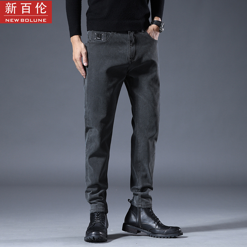 新百伦秋冬男士潮流牛仔裤修身小直筒韩版休闲百搭黑色男牛仔裤子