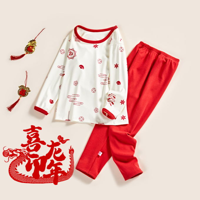 宝宝冬睡衣儿童德绒长袖内衣套装红色保暖秋冬两件