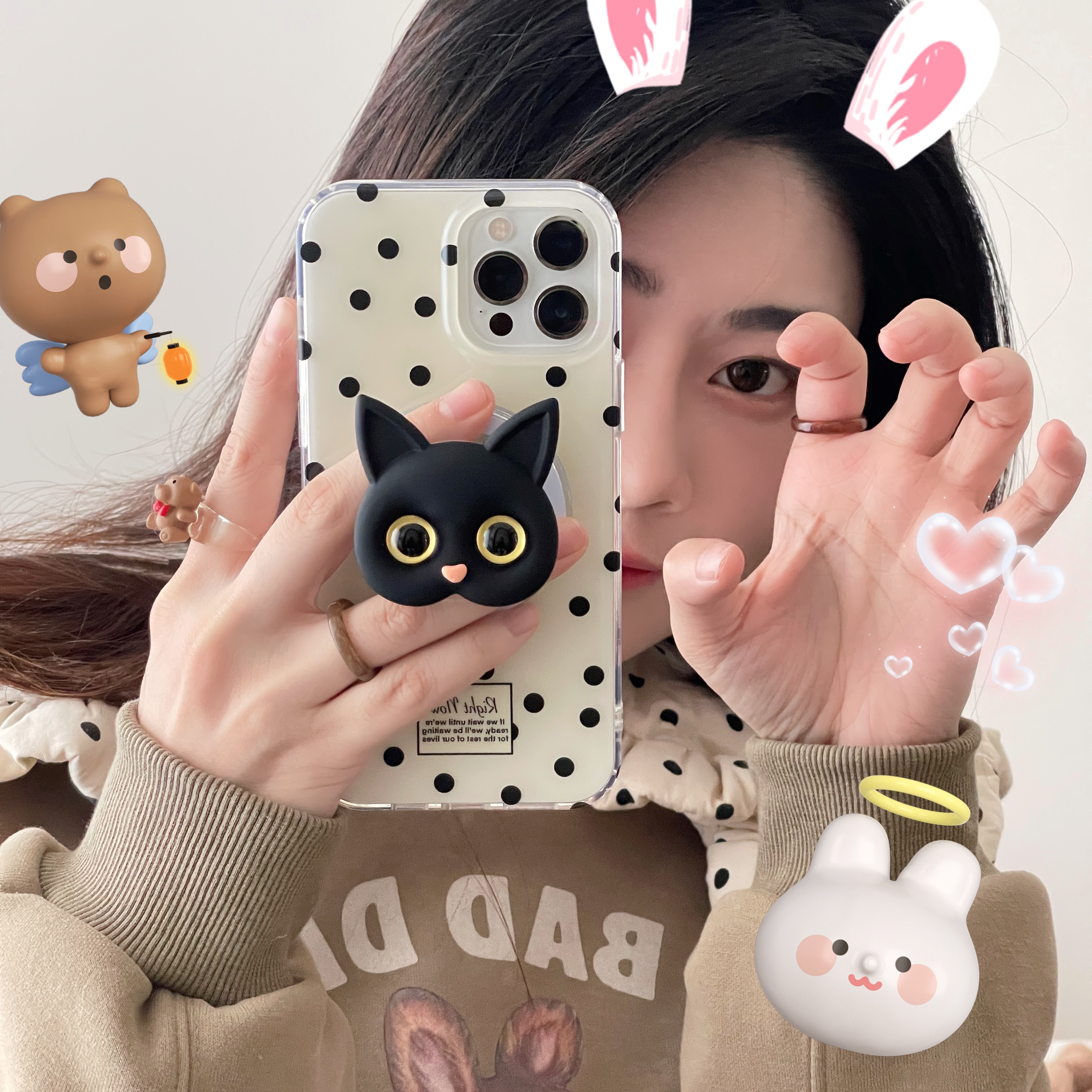 黑色波点猫咪日韩ins磁吸支架苹果15手机壳iPhone14 promax创意13