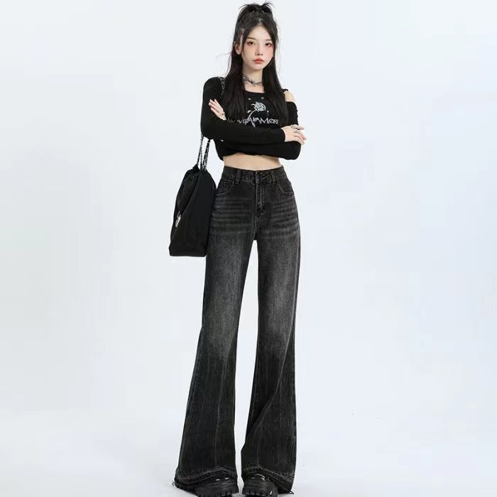 梨形身材黑色微喇叭宽松牛仔裤女高腰显瘦垂感大码毛边直筒阔腿裤