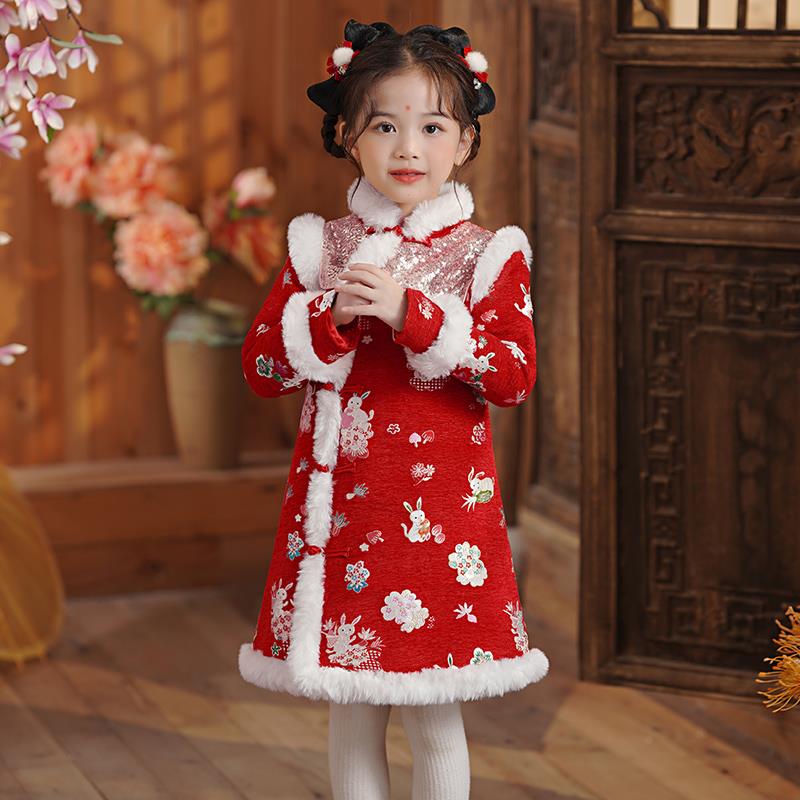 女童洋装秋冬款新中式2023新款加绒拜年服旗袍裙子过年新年衣服