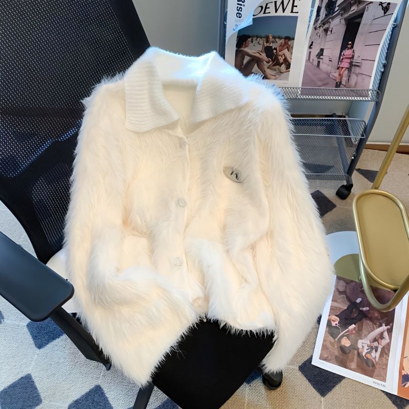 新款外套仿水貂绒毛衣开衫女翻领软糯糯毛绒针织衫纯欲上衣