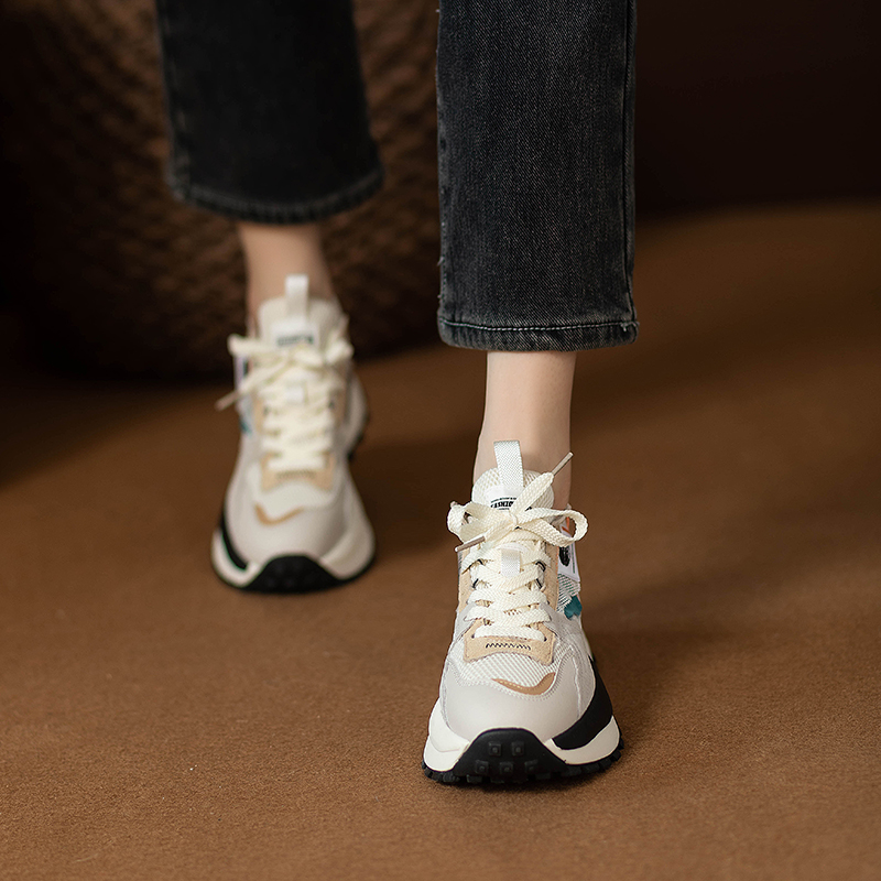 百丽纯爱韩版2023秋季新款ins拼色圆头系带鞋女厚底网面网红同款