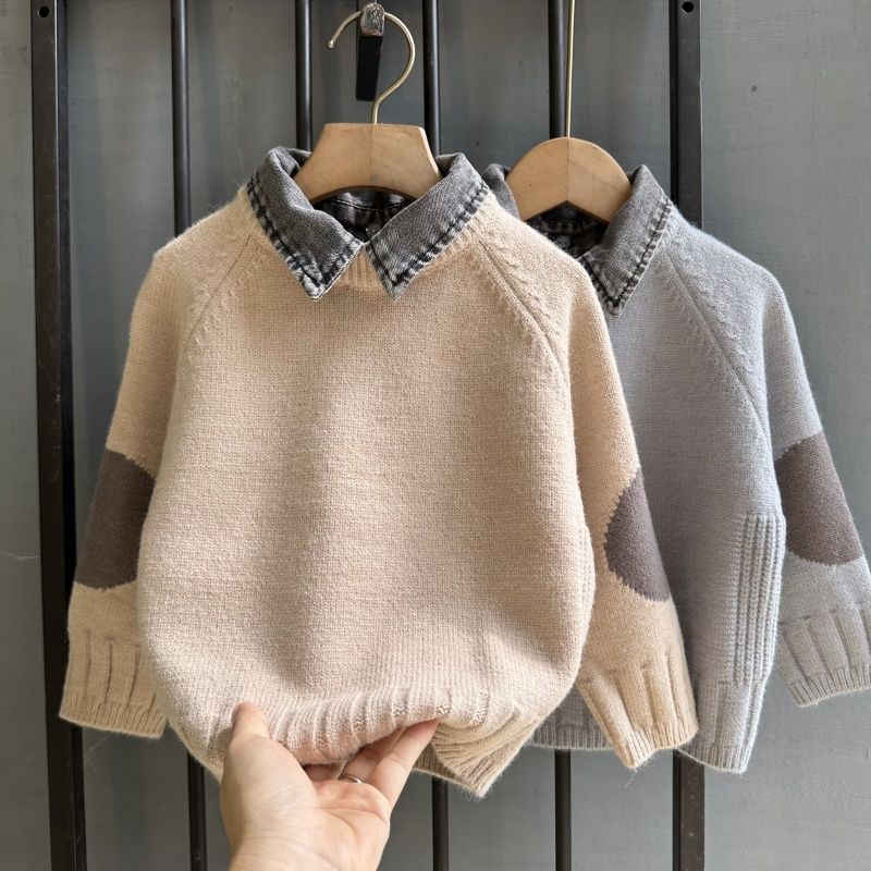 巴啦啦巴男童假两件牛仔领套头毛衣2023冬季儿童加厚针织衫炸街保