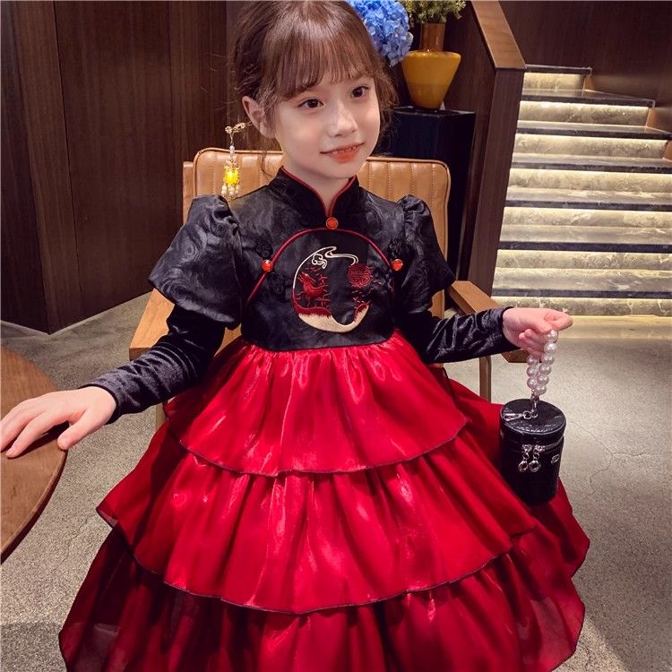 女童公主裙冬装2023新款儿童中国风礼服新年裙女孩加绒网纱连衣裙