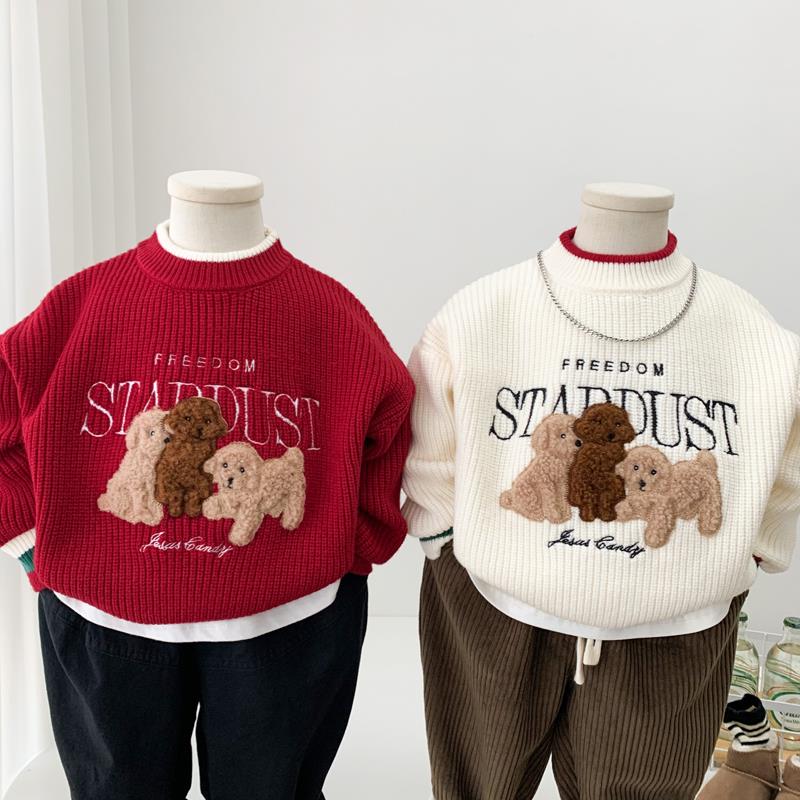 儿童毛衣冬季新年红色打底毛线针织衫卡通洋派耶诞套头儿童上衣