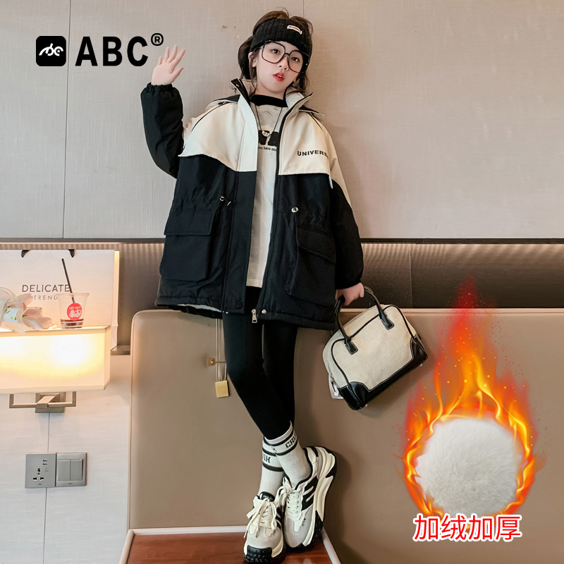 ABC女童冬季加厚棉袄2023新款中大童外套女宝秋冬款棉衣儿童童装